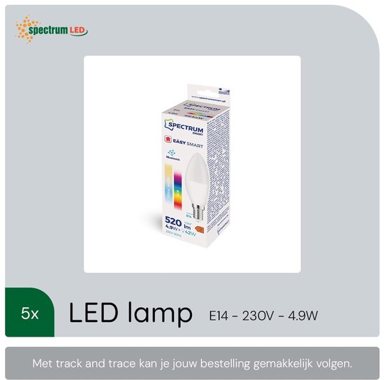 Spectrum Smart LED Lamp E14 4.9W - 230V - 520 Lumen - 2700-6000K - Bluetooth Compatibel - 5 stuks