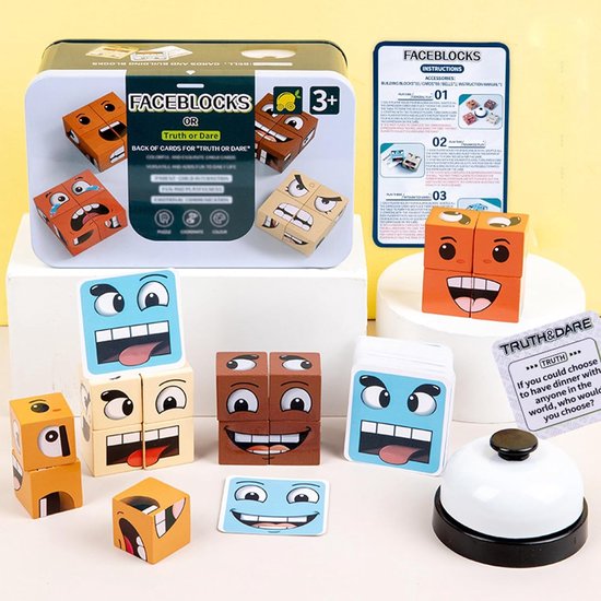 Jouets Montessori - Jouets Éducatif - Jouets Enfants - Pour Enfants et Adultes - Faceblocks ou Action ou Vérité - Jeu de cubes à visage changeant - Avec Mini clochette - Puzzle d'expression - Jeu de Bouwstenen - Puzzle - Jeu de société