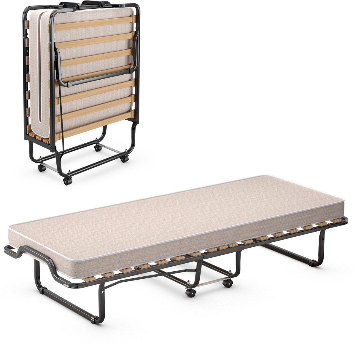 COSTWAY 90 x 200 cm, logeerbed met matras van traagschuim, inklapbaar eenpersoonsbed, stabiel metalen bed tot 120 kg, klapbed op wielen, vouwbed voor kantoor en logeerkamer, draagbaar bed (beige)