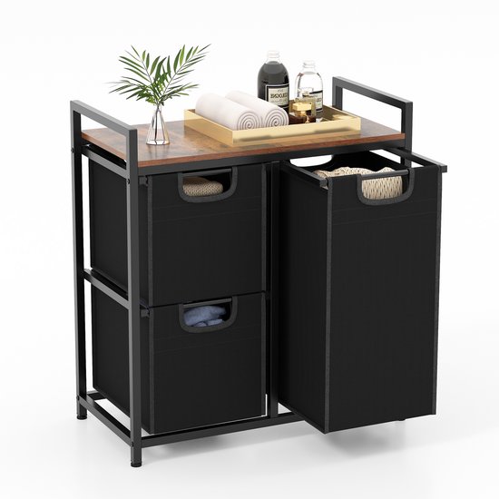 WOLTU Wasmand 2 vakken, wasverzamelaar met plank metalen frame, Oxford-stoffen waszak uittrekbaar afneembaar, wassorteerder wasmand wit