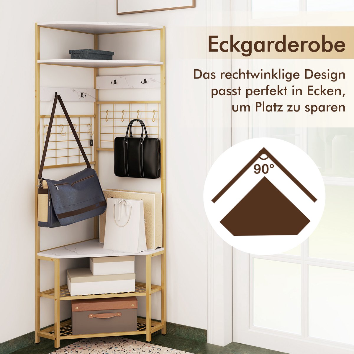 COSTWAY 180 cm kapstok hoek, 3-in-1 kledingrek & zitbank & schoenenrek, incl. 12 haken, opbergrek, garderobe voor hal, woonkamer, slaapkamer – foto 2