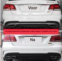 Vergelijking van Mercedes E-Klasse W212 sedan met AMG-pakket vóór en na montage van zwarte diffusor en uitlaten.