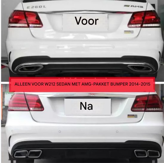 Vergelijking van Mercedes E-Klasse W212 sedan met AMG-pakket vóór en na montage van zwarte diffusor en uitlaten.
