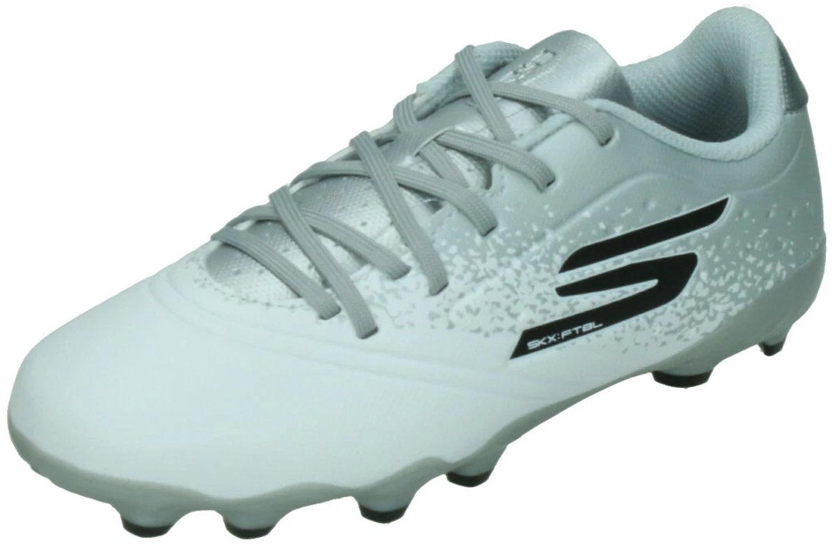 Skechers Razor 1.5 Junior Td FG voetbalschoenen in wit met grijze accenten en zwarte logos, ontworpen voor vaste ondergrond.