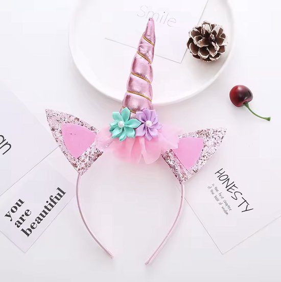 CHPN - Unicorn diadeem - Unicorn haarband - Eenhoorn diadeem - Glitterdiadeem - Eenhoorns - Roze glitters bloemen - Verkleden
