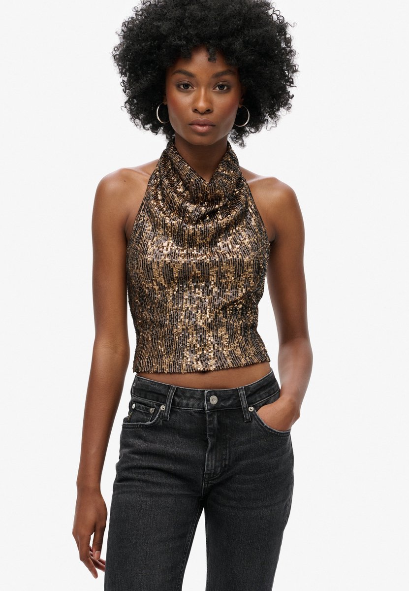 Superdry Haltertop met col en pailletten Dames Tops Bruin