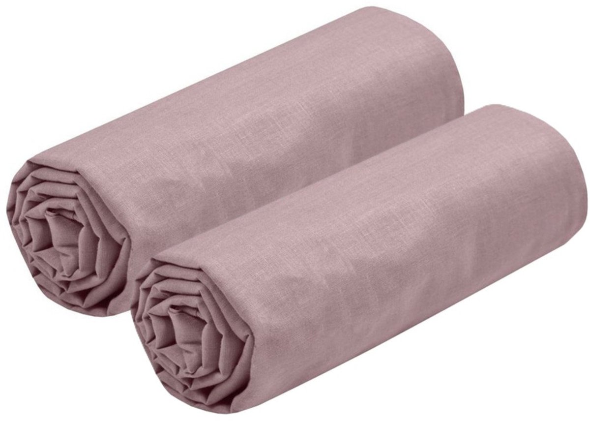 Stof Textiles Hoeslaken Eden - 2x - twijfelaar - 140 x 190/200 cm - oudroze - hotelkwaliteit - ademend katoen - 30 cm matrasdikte