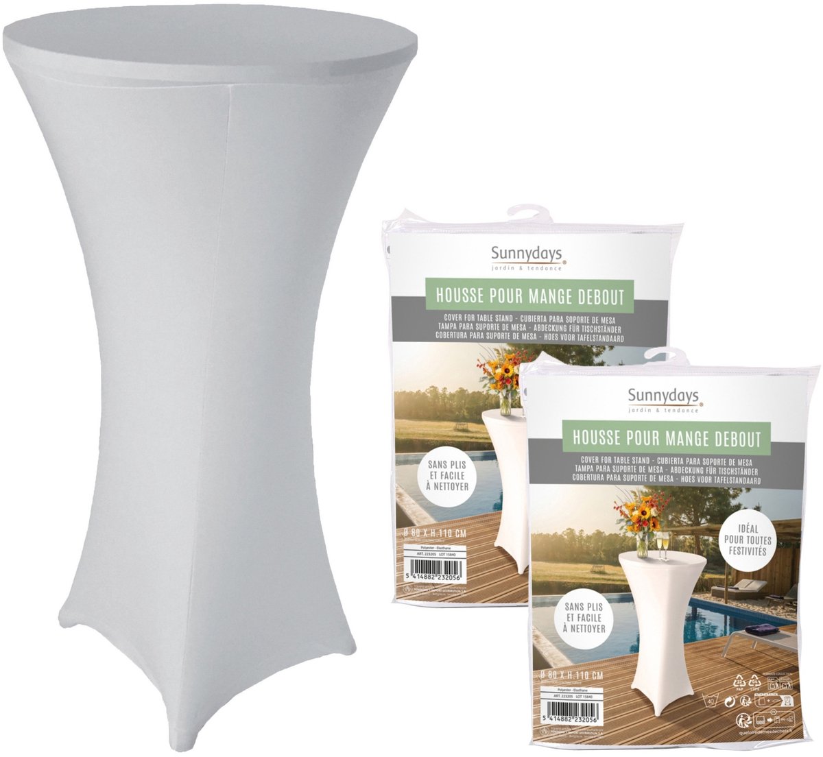 Sunnydays nette afdekhoes voor een statafel - 2x - wit - spandex elastiek - Dia 80 cm x H 110 cm - tafelhoes
