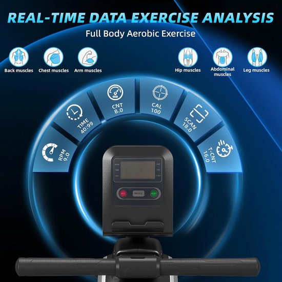 Real-time data analyse: Volledige lichaams-aerobics. Rug-, borst-, arm-, heup-, buik- en beenspieren. Toont RPM, tijd, telling, calorieën, afstand, scan en T-CNT.