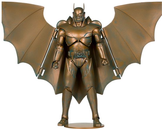 Gouden actiefiguur van Batman met grote vleermuisvleugels.