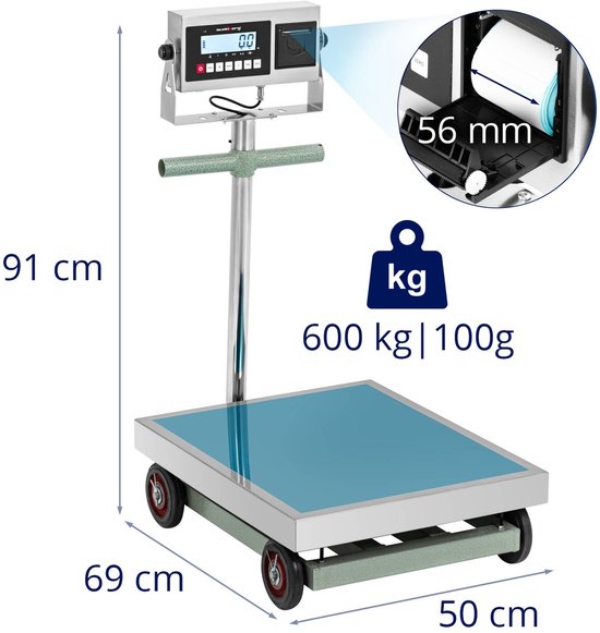 Bilancia A Piattaforma Steinberg Systems 600 Kg / 50 G – Piano 100x100 Cm, LCD Con Stampante Etichette, Tara E Somma, In Acciaio Inox