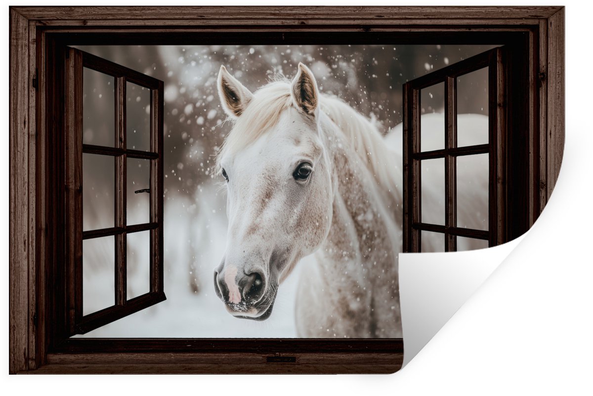Muurstickers - Sticker Folie - Doorkijk - Paard - Wit - Winterlandschap - Sneeuw - 120x80 