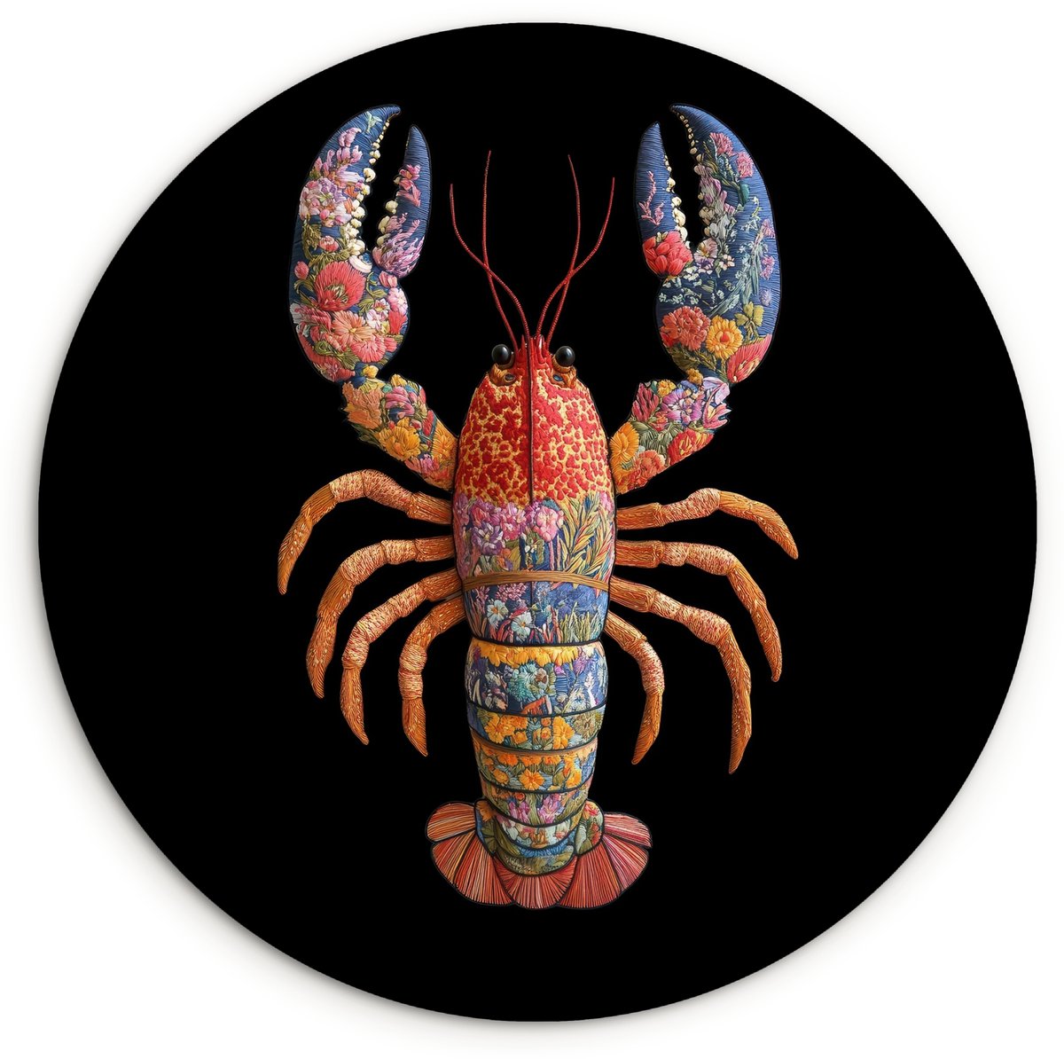 WallCircle Wandcirkel 60x60 cm - Muurcirkel Kreeft - Borduur - Kleurrijk - Bloemen - Muurdecoratie woonkamer - Wanddecoratie keuken - Kamer decoratie accessoires - Ronde schilderijen