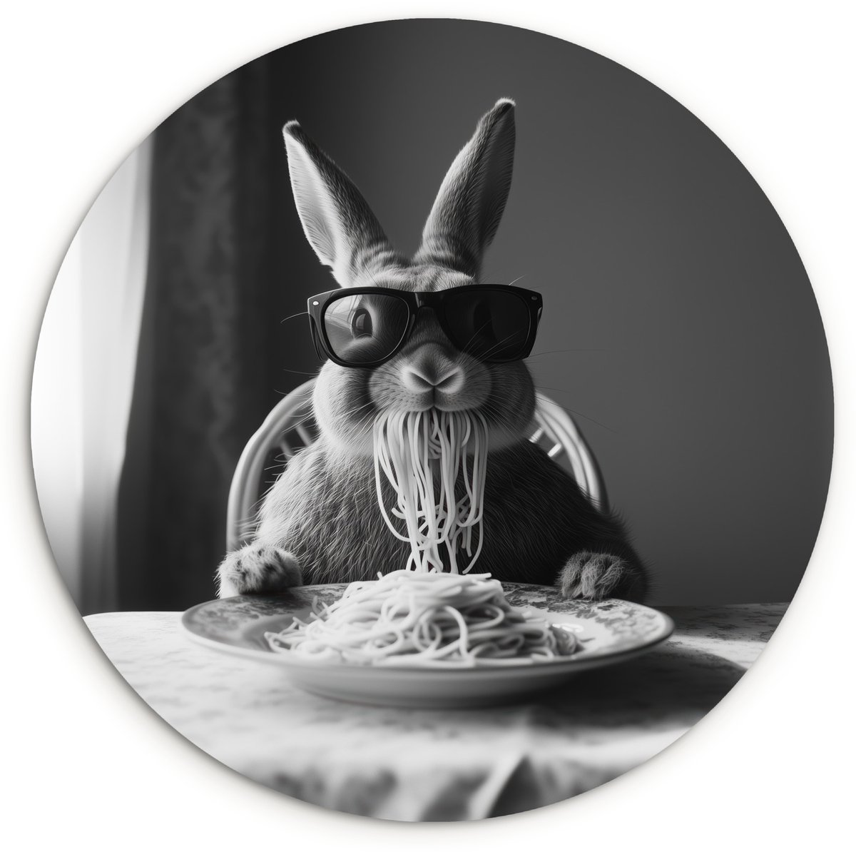 WallCircle Wandcirkel 90x90 cm - Muurcirkel Konijn - Bunny - Zonnebril - Tafelkleed - Pasta - Schattig - Muurdecoratie woonkamer - Wanddecoratie keuken - Kamer decoratie accessoires - Ronde schilderijen