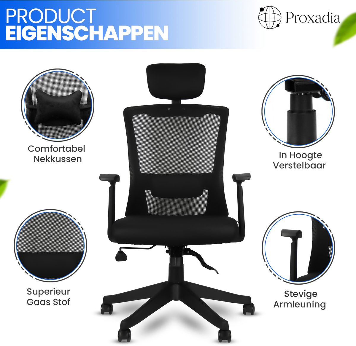 Proxadia® Ergonomische Bureaustoel met Nekkussen - Zwart - afbeelding 3