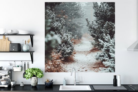 Stickers muraux - Feuille autocollante - Forêt - Hiver - Arbres - Nature - Chemin - Neige - 120x120 cm - Film adhésif - Stickers muraux chambre enfant - Papier peint autocollant XXL - Papier peint autocollant - Feuille autocollante