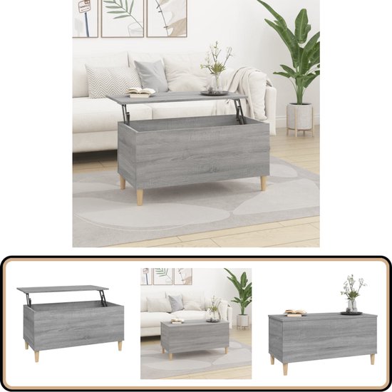 Grijze salontafel met houtnerf en opklapbaar blad, op houten pootjes, met decoratie.