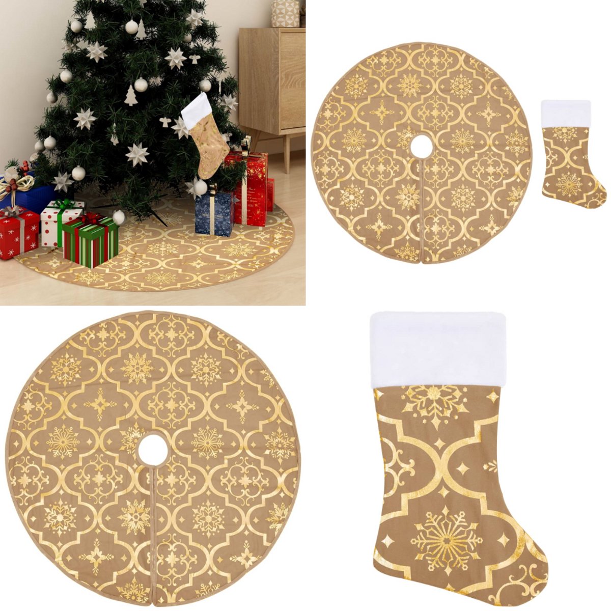 Luxe gele kerstboomrok met sok, 122 cm lang, gemaakt van stof - feestelijke kerstdecoratie.
