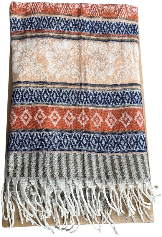 Châle avec franges, rayures horizontales à motifs géométriques et imprimé floral crème, orange, bleu et gris.