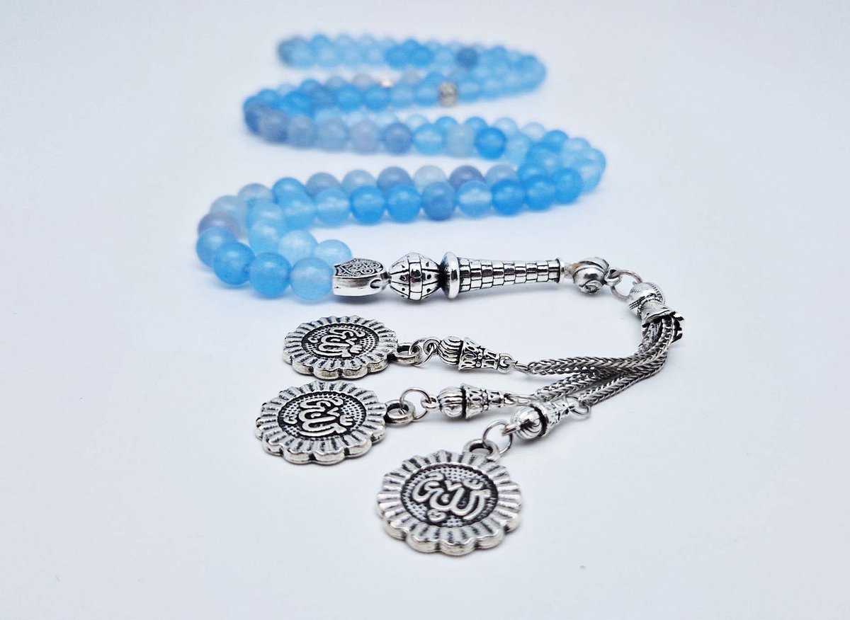 Handgemaakte tesbih "Tasbih" natuursteen " Blauwe Jade " - Aantal kralen 99 - Diameter kralen 8MM - met metaal tassel "Qustantinia" - Een mooi cadeau-idee