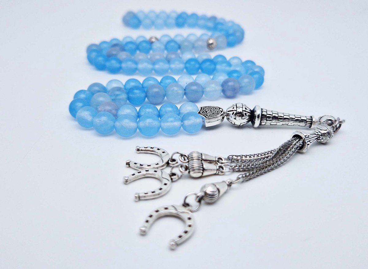 Handgemaakte tesbih "Tasbih" natuursteen " Blauwe Jade " - Aantal kralen 99 - Diameter kralen 8MM - met metaal tassel "Hoefijzer" - Een mooi cadeau-idee