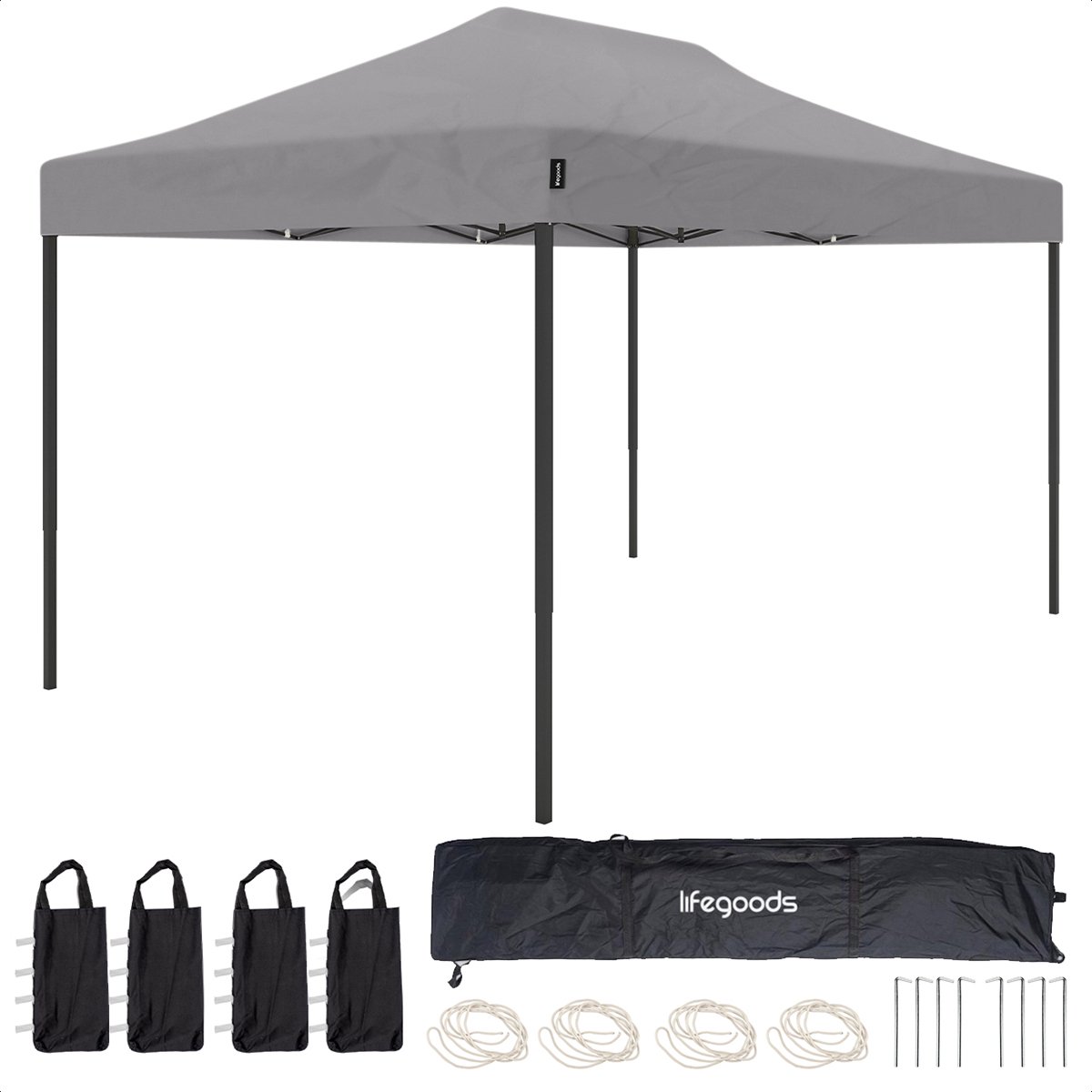 Bol.com LifeGoods Partytent - Paviljoen - 3x4.5 m - Easy Up - Opvouwbaar - Waterdicht - Draagtas met Wieltjes - Donkergrijs aanbieding