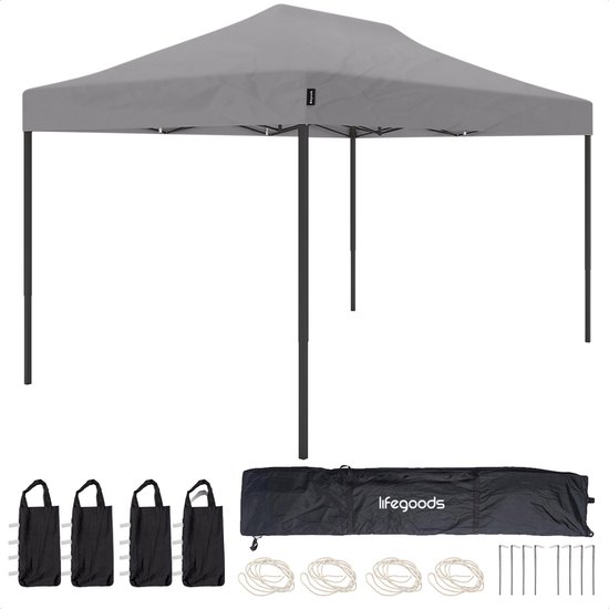 Tente de réception LifeGoods - 3x4,5 m - Easy Up - Pliable - Étanche - Sac de transport à roulettes - Gris foncé
