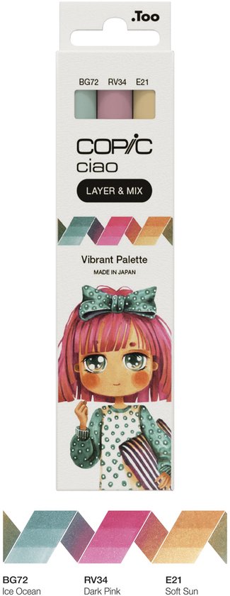 Palette vibrante Copic Ciao « LAYER & MIX », 3 pièces, Bush, Rose foncé, Jaune, Pointe biseautée/pinceau, Ronde, Encre à base d'alcool, Adulte/Enfant