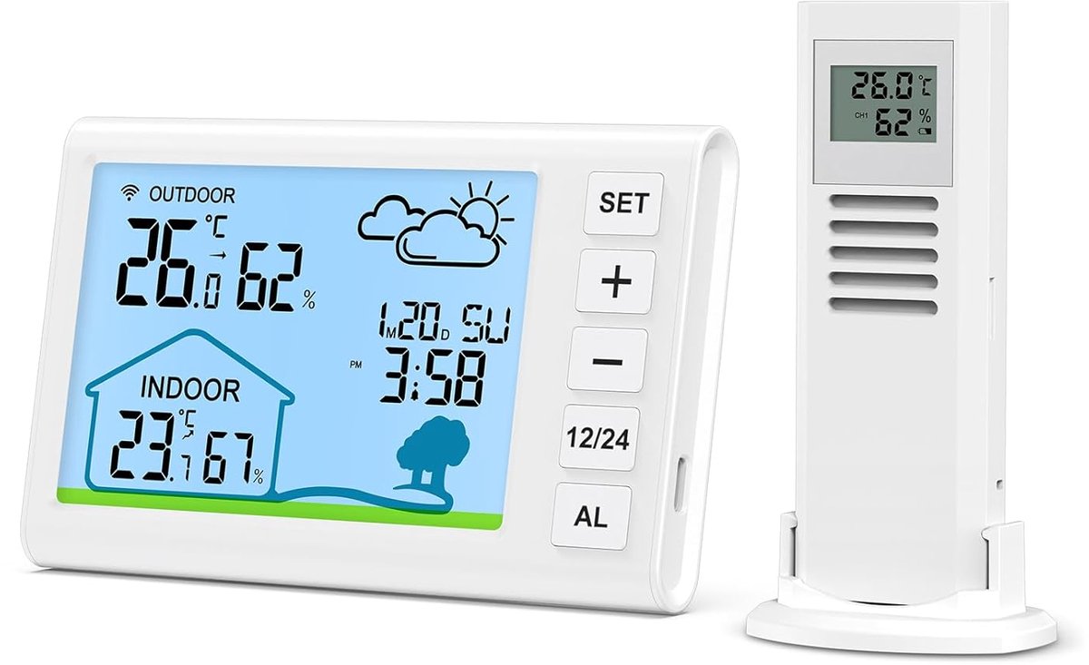 Draadloos Weerstation met Buitensensor en Thermometer | Weersvoorspelling, Hygrometer, Tijd en Alarm
