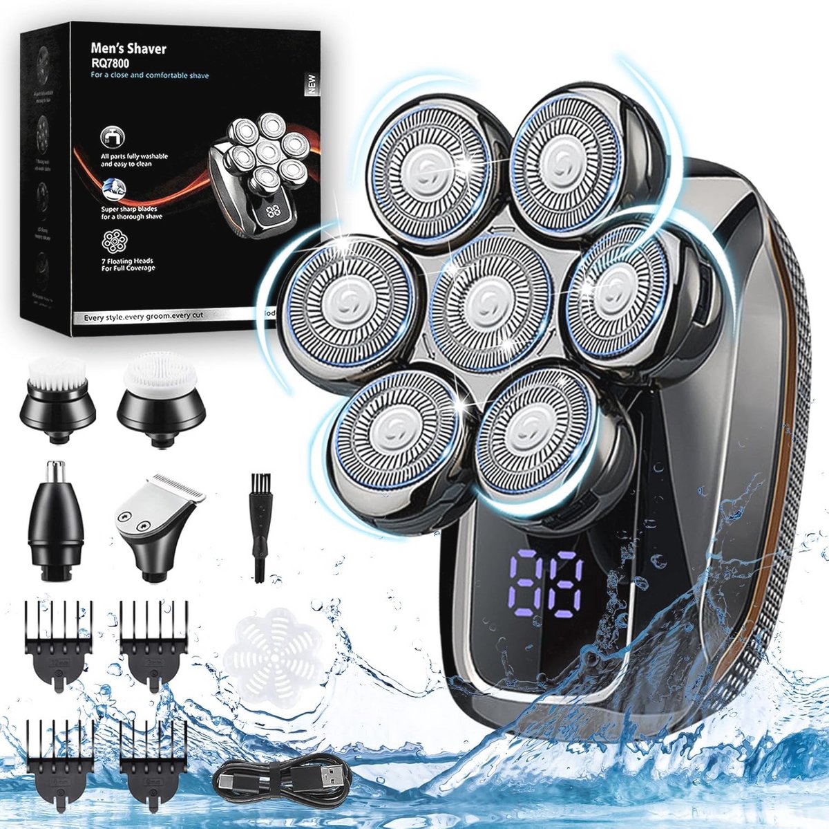 Waterdicht elektrisch scheerapparaat voor heren - 5-in-1 tondeuse met 6 roterende koppen