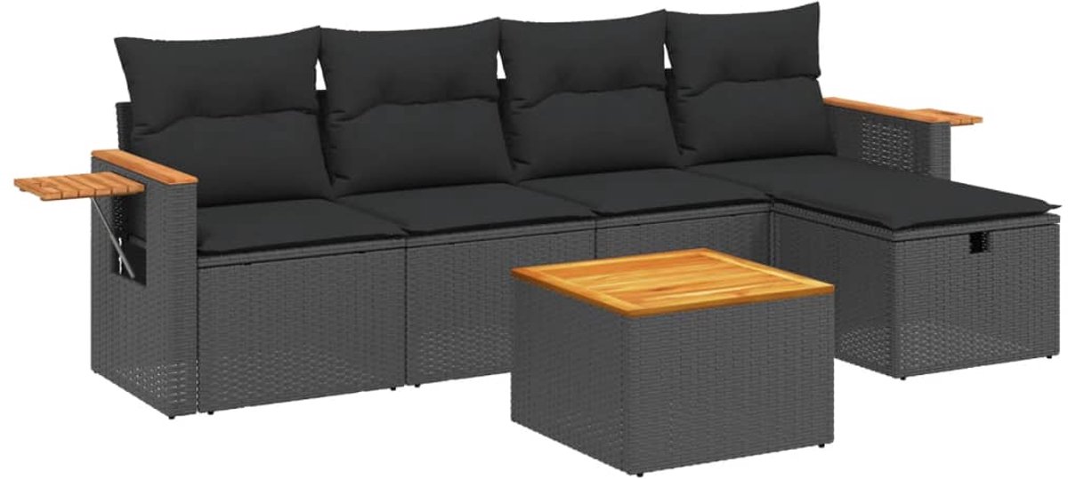 The Living Store 6-delige Loungeset met kussens poly rattan zwart - Loungeset - Lounge Set - Buitendecoratie - Tuinmeubels - Teak Meubel