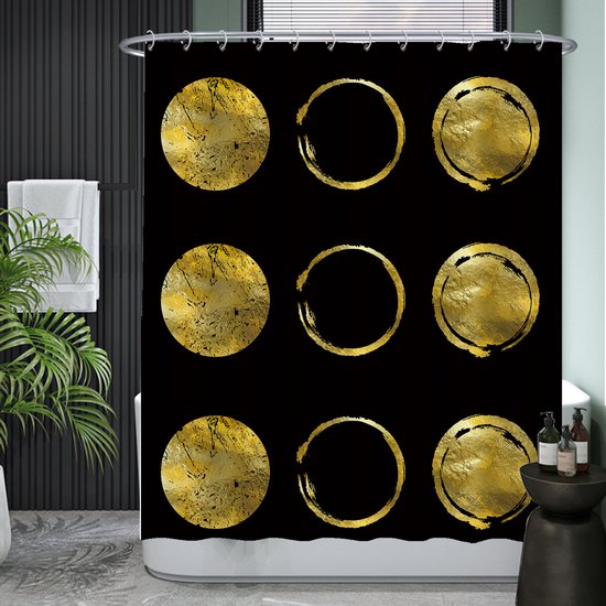 Ulticool Douchegordijn - Gouden Cirkels Zon Maan Chique - 180 x 200 cm - met 12 ringen - Anti Schimmel - Waterdicht & Wasbaar - Semi Transparant - Goud Zwart