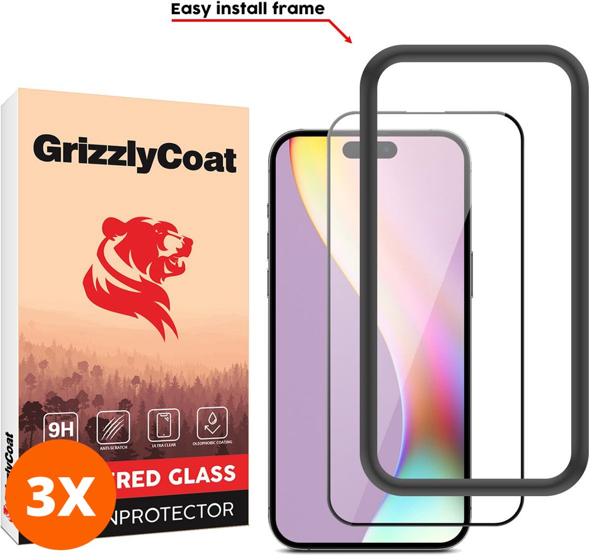 GrizzlyCoat Screenprotector geschikt voor Apple iPhone 15 Plus Glazen | GrizzlyCoat Easy Fit Screenprotector - Case Friendly + Installatie Frame - Zwart (3-Pack)