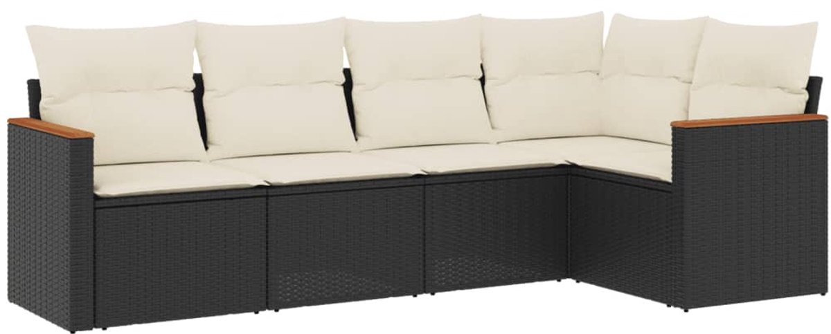 Zwart poly rattan loungeset met kussens voor tuin en terras.