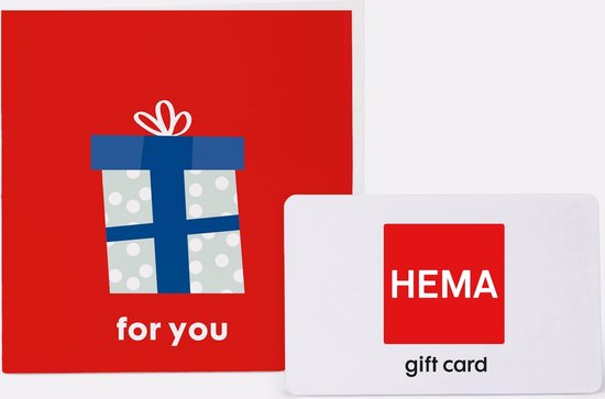 Cadeaukaart met HEMA-logo en een kaart met een rode achtergrond en een cadeau-illustratie, met "for you" tekst.