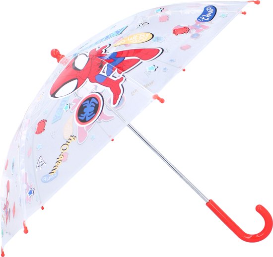 Transparante paraplu met Spidey-print, rode handgreep en Spiderman-afbeeldingen.