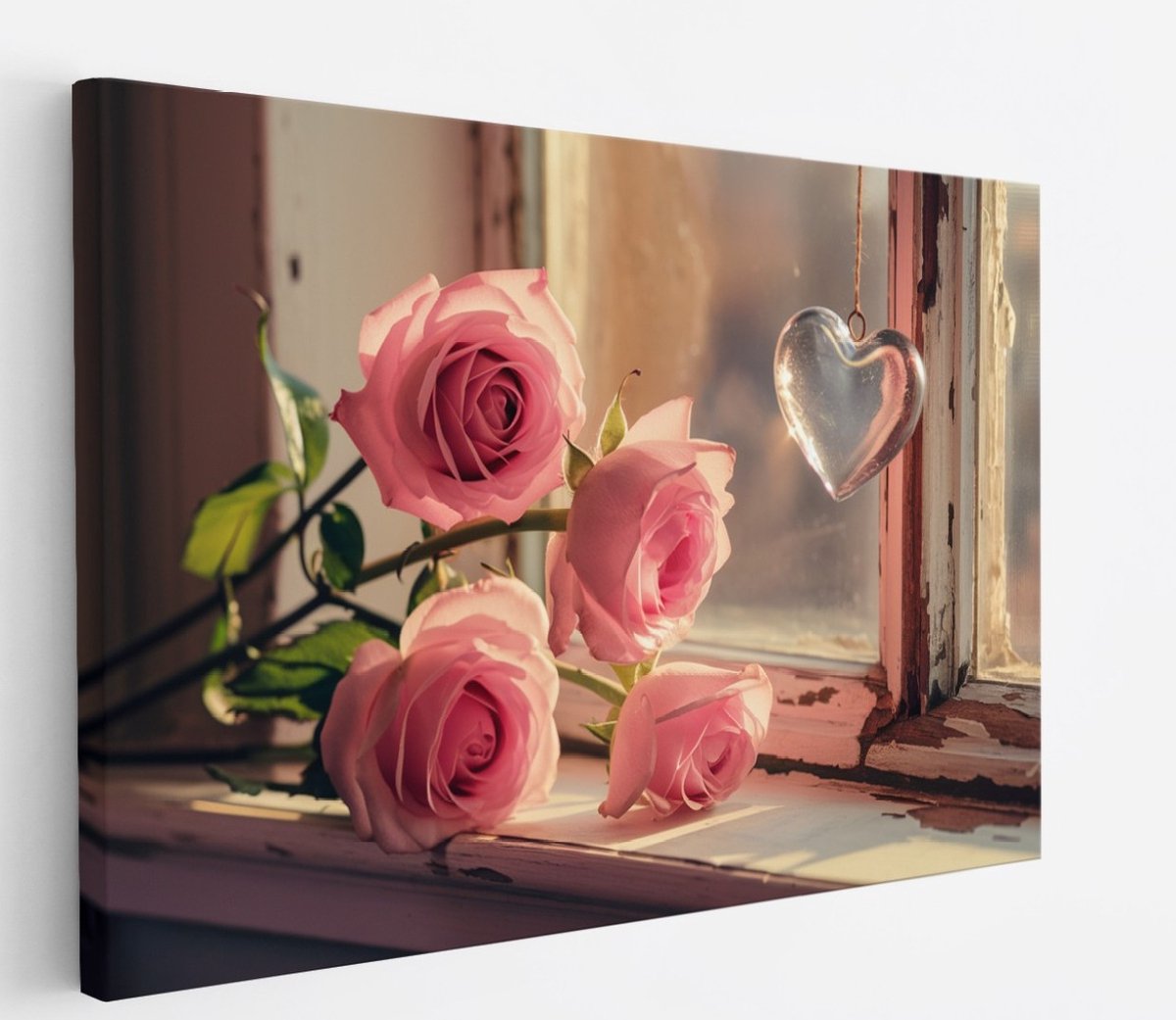 Saammp Canvas Schilderij - Roze Rozen Met Hart - Bloemen - 50x40 - Foto op canvas - Wanddecoratie - Muurdecoratie Woonkamer - Kantoor Decoratie Multicolor