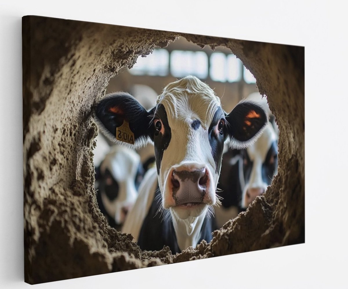 Saammp Canvas Schilderij - Glurende koe - Doorkijk - Dieren - nederland - 100x75 - Foto op canvas - Wanddecoratie - Muurdecoratie Woonkamer - Slaapkamer decoratie - Canvas Print Multicolor