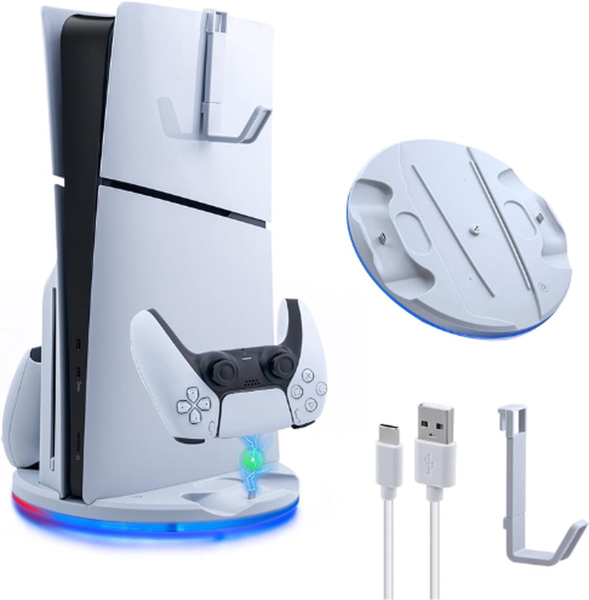 PS5 Slim Verticale Standaard - LED Sfeerverlichting - Snelle Dubbele Controller Oplader - Met Headset Houder - Voor Playstation 5 Slim DE/UHD - Wit
