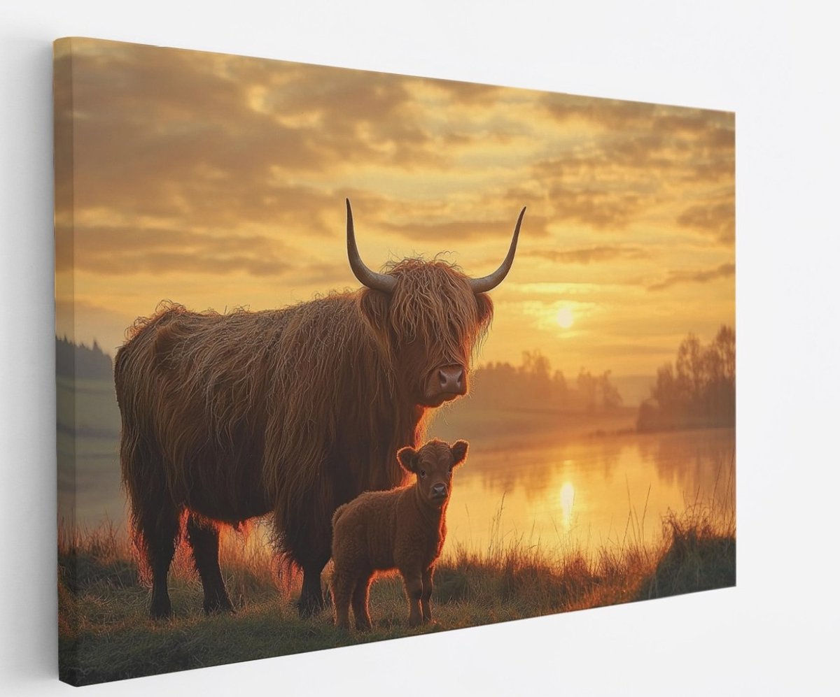 Saammp Canvas Schilderij - Schotse Hooglander Koe - Kalf - Zonsondergang - Dieren - Natuur - 45x30 - Foto op canvas - Wanddecoratie - muurdecoratie Woonkamer - Slaapkamer decoratie - Canvas Print Multicolor