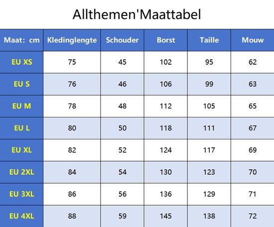 Maattabel voor kleding: Maat, Kledinglengte, Schouder, Borst, Taille, Mouw.