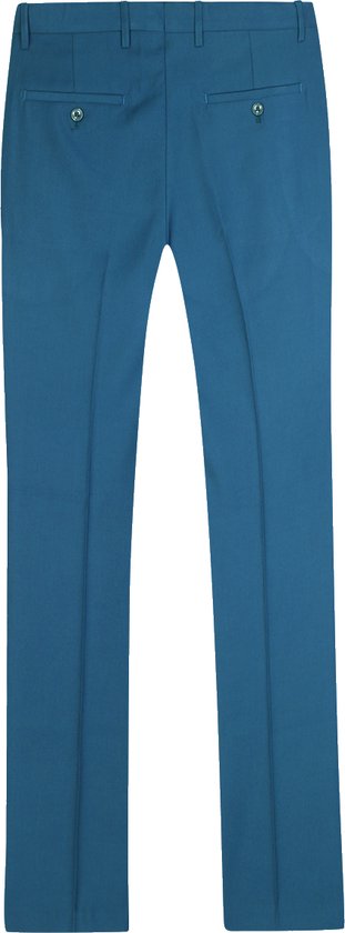 Achterkant van een petrolkleurige nette pantalon met twee paspelzakken.