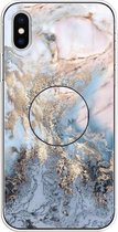 Voor iPhone XS Max reliëf gevernist marmer TPU beschermhoes met houder (goudgrijs)