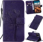 Tree & Cat Pattern Pressed Printing Horizontale Flip PU lederen tas met houder & kaartsleuven & portemonnee & lanyard voor iPhone 11 Pro Max (paars)