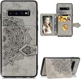 Voor Galaxy S10 Plus Mandala in reliëf gemaakte stoffen kaarthouder Mobiele telefoonhoes met magnetische en beugelfunctie met kaarttas / portemonnee / fotolijstfunctie met draagriem (grijs)