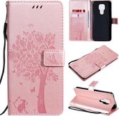 Voor Motorola Moto G9 Play Tree & Cat Pattern Pressed Printing Horizontale Flip PU Leather Case met houder & kaartsleuven & portemonnee & Lanyard (Rose Gold)