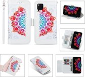 Voor Huawei P40 Lite Afdrukken Tweekleurig Half Mandala-patroon Dubbelzijdige magnetische gesp Horizontale flip lederen tas met houder & kaartsleuven & portemonnee & fotolijst & lanyard (wit)