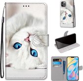 Gekleurde tekening Cross Texture Horizontale Flip PU lederen tas met houder & kaartsleuven & portemonnee & lanyard voor iPhone 12 Pro Max (White Kitten)