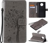 Voor Xiaomi Redmi Note 9 5G Tree & Cat Pattern Pressed Printing Horizontale Flip PU Leather Case met houder & kaartsleuven & portemonnee & Lanyard (grijs)