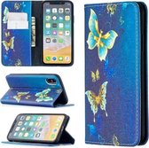 Gekleurde tekening patroon onzichtbare magnetische horizontale flip PU lederen tas met houder & kaartsleuven & portemonnee voor iPhone X / XS (gouden vlinders)